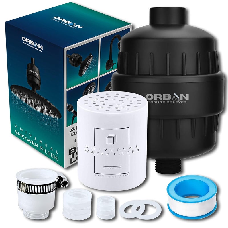 ORBON Hard Water Shower Filter Water Softener for Bathroom Hard Water Softener for Shower Shower Filter for Bathroom 3 In 1 Universal Adapter Teflon Tape 1 Extra Cartage Matte Black - Image 1