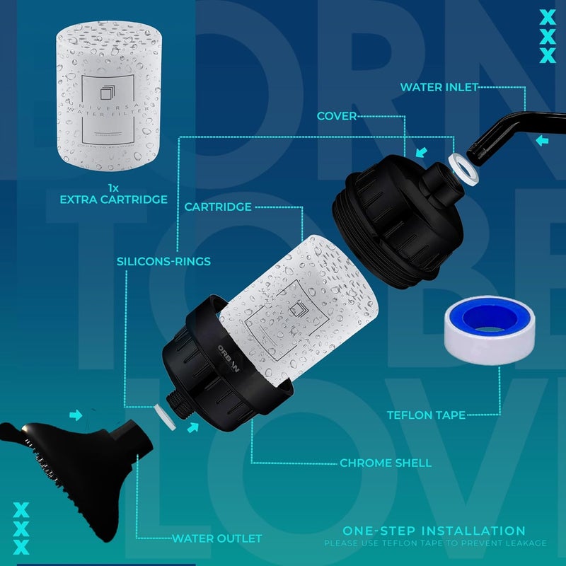 ORBON Hard Water Shower Filter Water Softener for Bathroom Hard Water Softener for Shower Shower Filter for Bathroom 3 In 1 Universal Adapter Teflon Tape 1 Extra Cartage Matte Black - Image 3