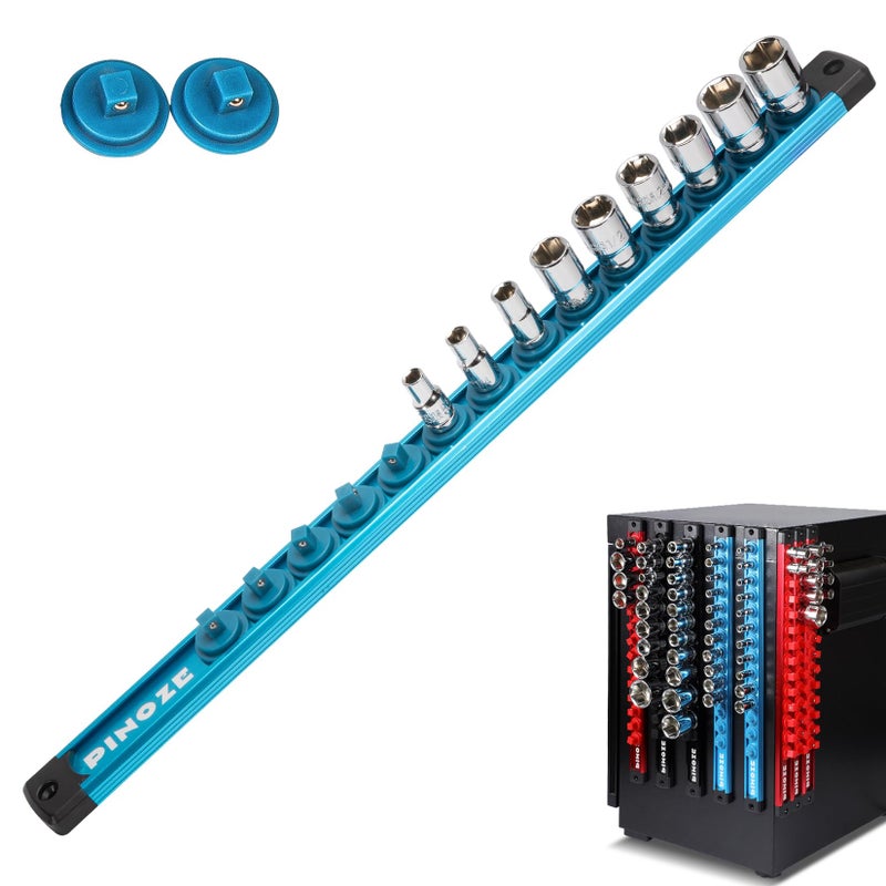 PINOZE 14 Magnetic Socket Holder Organizer Aluminum Alloy Socket Rail Tray for Tool Box Drawer Socket Rack with Extra 2Pcs Replacement Clips for Automotive GarageBlue - Image 3