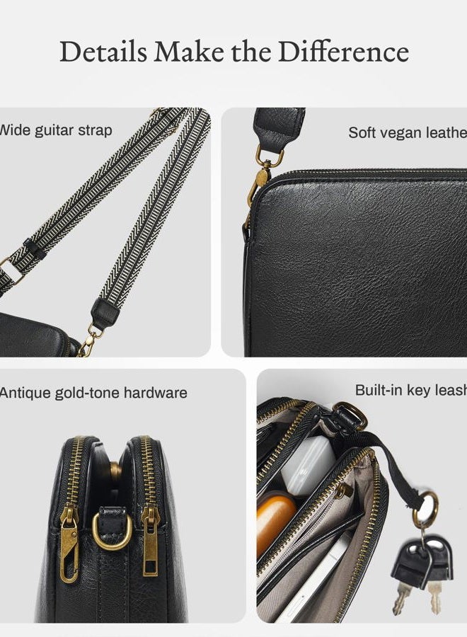 Yarnic Women Crossbody Bag Trendy Faux Leather Cross Body Purse with Adjustable Strap and Anti-theft Zipper, Black, 7.5” H × 13.3” L × 2.8” W, Crossbody - Image 5