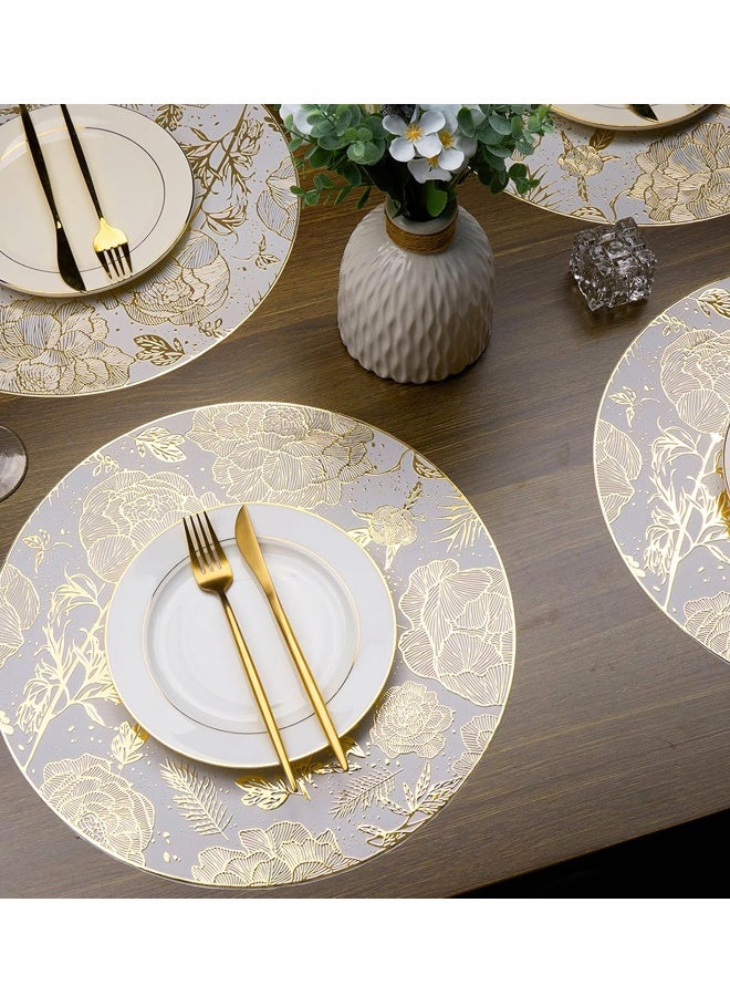 مفارش طاولة طعام دائرية ذهبية اللون مقاس 15 بوصة مصنوعة من الفينيل المضغوط المعدني على شكل زهور لتزيين طاولة المطبخ وحفلات الزفاف في العطلات - Image 4