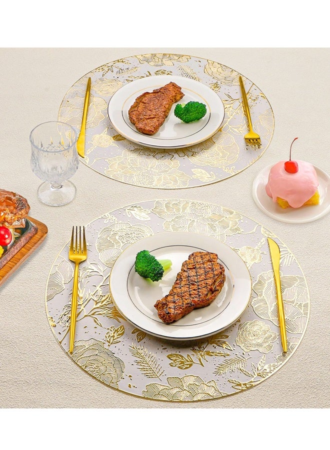 مفارش طاولة طعام دائرية ذهبية اللون مقاس 15 بوصة مصنوعة من الفينيل المضغوط المعدني على شكل زهور لتزيين طاولة المطبخ وحفلات الزفاف في العطلات - Image 5