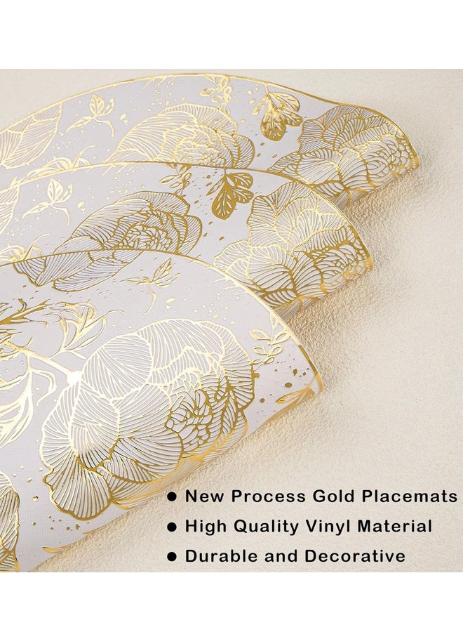 مفارش طاولة طعام دائرية ذهبية اللون مقاس 15 بوصة مصنوعة من الفينيل المضغوط المعدني على شكل زهور لتزيين طاولة المطبخ وحفلات الزفاف في العطلات - Image 3