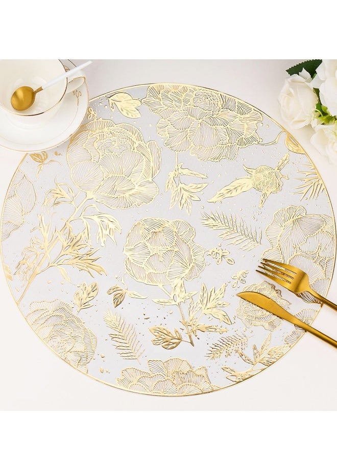 مفارش طاولة طعام دائرية ذهبية اللون مقاس 15 بوصة مصنوعة من الفينيل المضغوط المعدني على شكل زهور لتزيين طاولة المطبخ وحفلات الزفاف في العطلات - Image 1