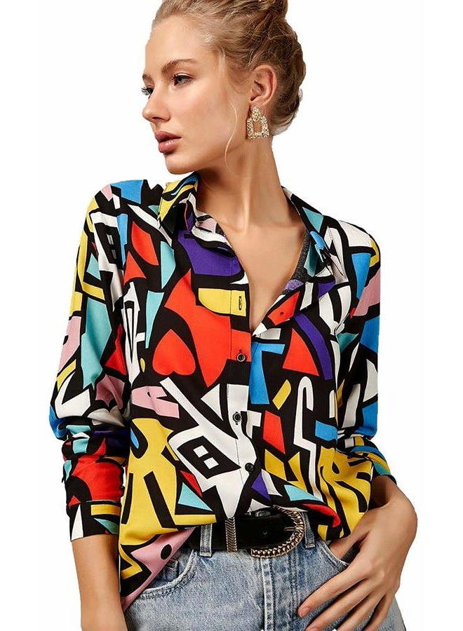 BIG DART Blouses for Women Fashion, Casual Long Sleeve Button Down Shirts Tops, XS-3XL, Red Yellow Mix Colors, M - Image 1