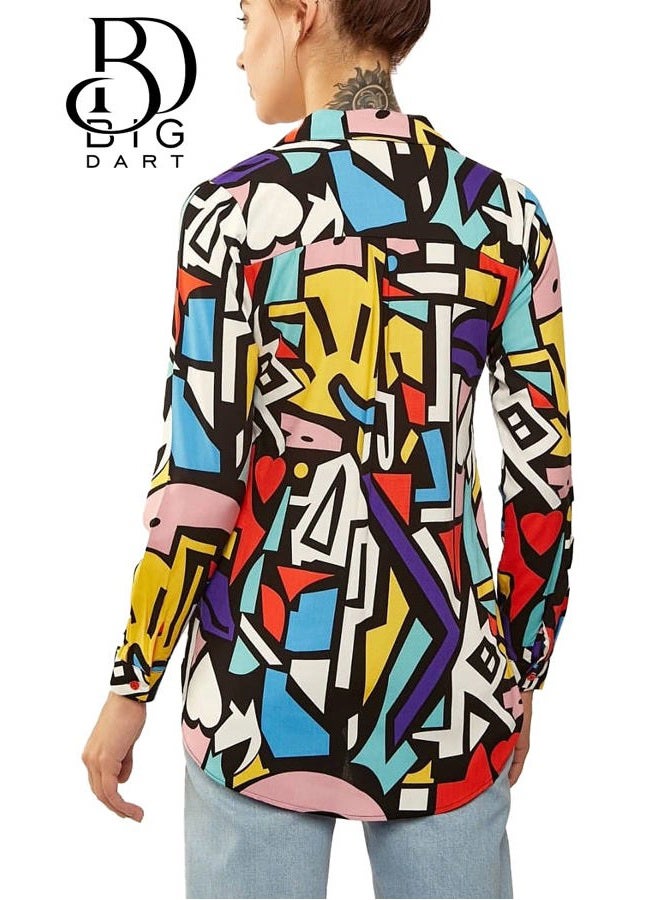 BIG DART Blouses for Women Fashion, Casual Long Sleeve Button Down Shirts Tops, XS-3XL, Red Yellow Mix Colors, M - Image 3