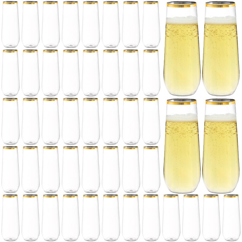 Hacaroa 48 Pack Plastic Stemless Champagne Flutes 9 Oz Clear Toasting Glasses Highball Cups Disposable Mimosa Glasses for Wine Cocktail Bar Party Wedding Shatterproof Gold Rim
