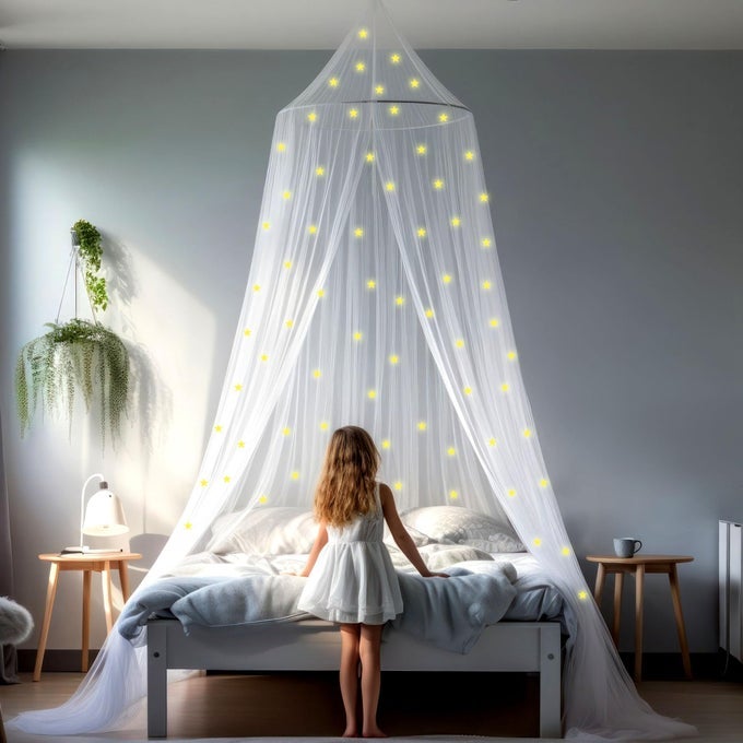 CANOPY FOR GIRLS BED WITH PREGLUED GLOW IN THE DARK STARS PRINCESS MOSQUITO NET ROOM DECOR KIDS BABY BEDROOM TENT WITH GALAXY LIGHTS 1 OPENING CANOPY BED HANGING KIT INCLUDED