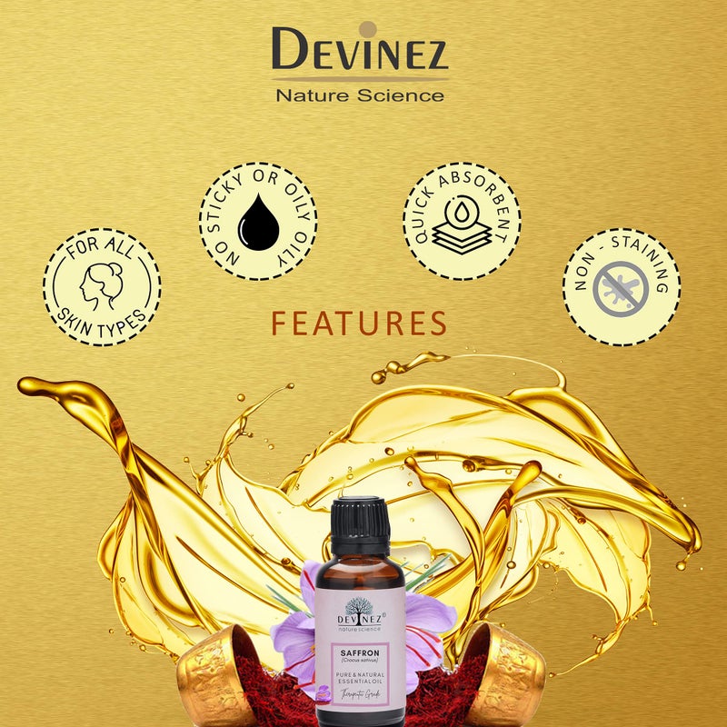 Devinez زيت الزعفران الكشميري الأساسي من ديفينز، كيسار زعفران، 50 مل نقي وطبيعي وغير مخفف من الدرجة العلاجية في زجاجة زجاجية للعناية بالبشرة والوجه والجسم، تخفيف التوتر، إشراقة متألقة، حب الشباب، البقع الداكنة، العناية بالتصبغات، العيوب - Image 3