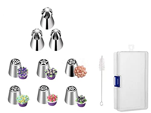 Aoshang 9pcs Russian Piping Tips Baking Supplies Set for Cake/Cupcake, Decorating Birthday Party Flower Frosting tips with a Storage Box and Small Cleaning Brush - Image 1