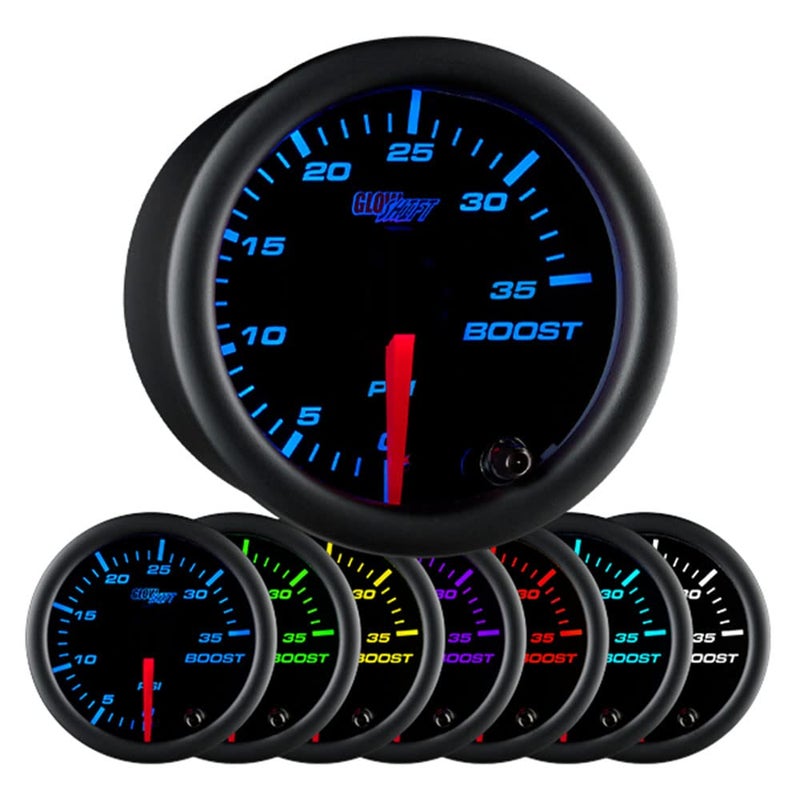 GlowShift Black 7 Color 35 PSI Turbo Boost Gauge Kit Includes Mechanical Hose Fittings Black Dial Clear Lens for Car Truck 2116 52mm