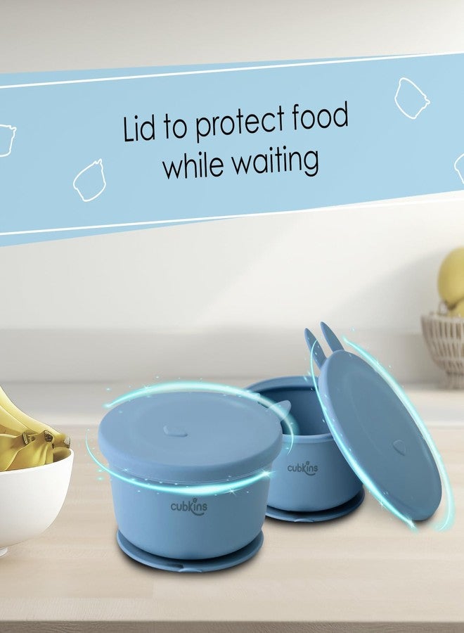 CUBKINS Silicone Suction Bowl, Adjustable Bib with Early Feeding Bendable Spoon for Feeding Babies | BPA Free, Washable and Reusable Bowl & Bib for Kids, Toddlers (Blue Olive) - Image 3