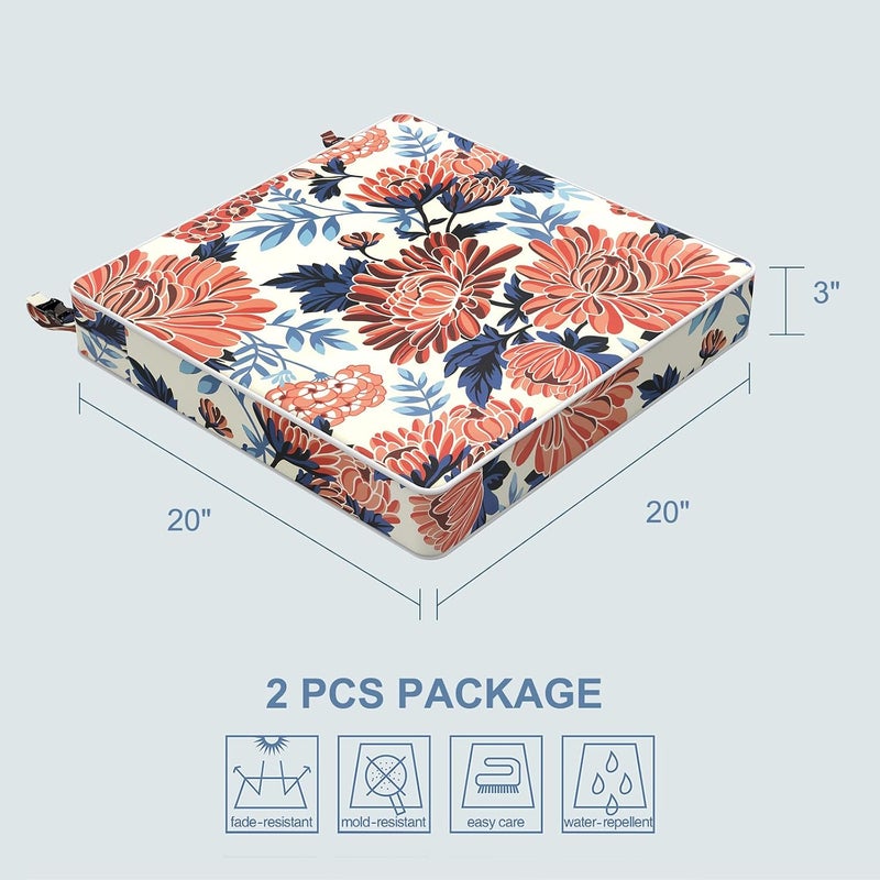 LVTXIII Outdoor Chair Cushions 20x20x3 Inch, Square Water-Repellent Patio Seat Cushions with Ties & Hidden Zipper, 2 Pack Thick Foam Chair Pads for Garden Furniture, Vibrant Blossom - Image 3