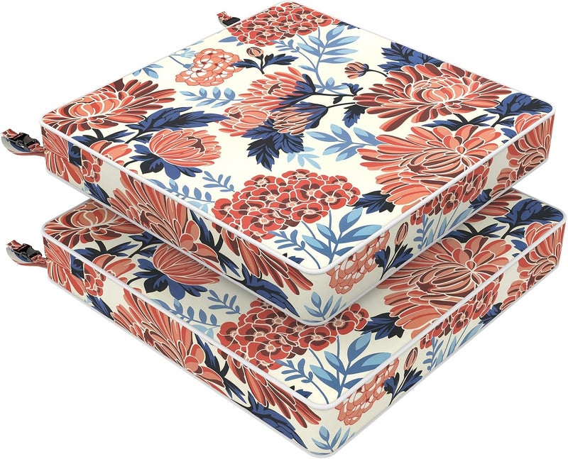 LVTXIII Outdoor Chair Cushions 20x20x3 Inch, Square Water-Repellent Patio Seat Cushions with Ties & Hidden Zipper, 2 Pack Thick Foam Chair Pads for Garden Furniture, Vibrant Blossom - Image 1