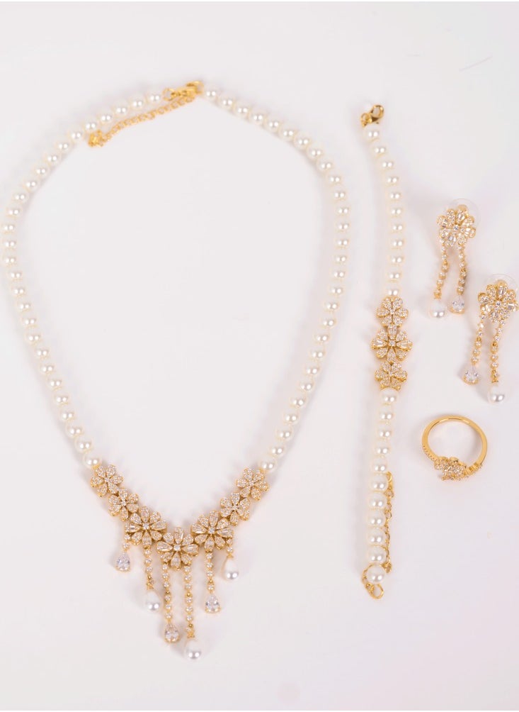 ALBAROO - Jewelry set studded with pearls and zircon in a rose pattern - Image 1