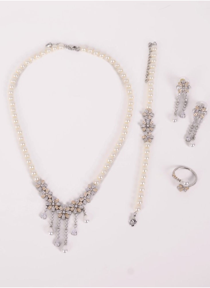 ALBAROO - Jewelry set studded with pearls and zircon in a rose pattern - Image 1