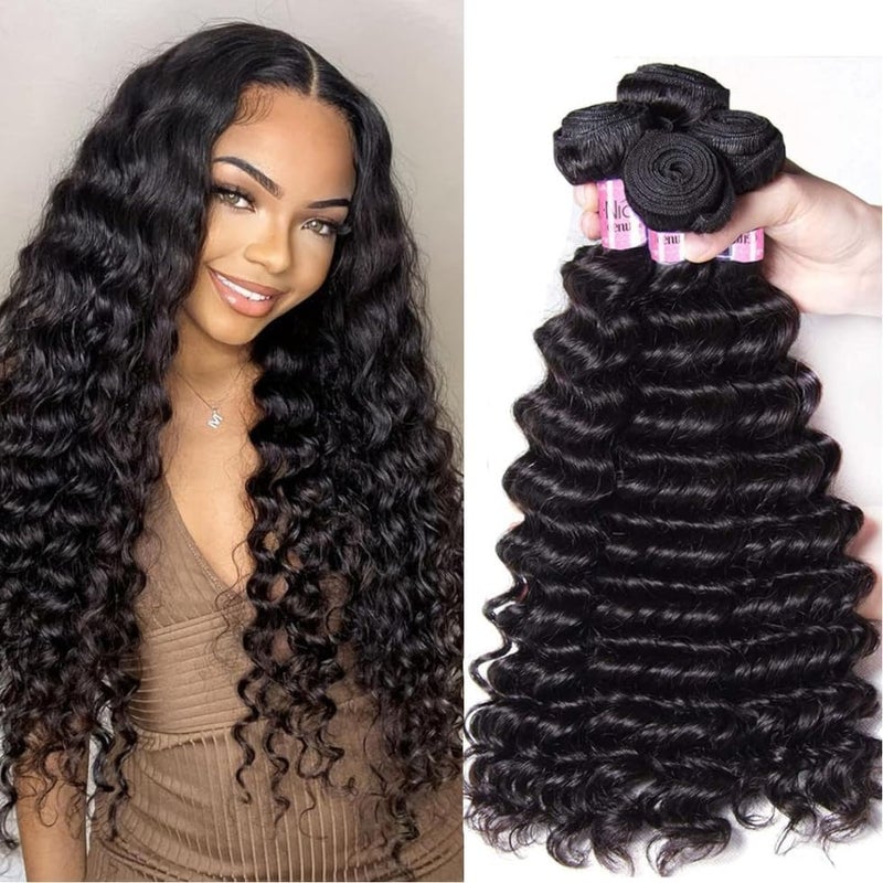 UNICE Deep Wave Human Hair 3 Bundles 16 18 20 inch Unprocessed Brazilian Raw Virgin Hair Quick Weave Extensions for Sew in Natural Color - Image 1