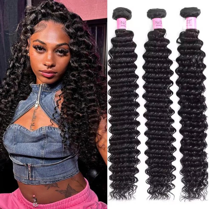 UNICE Deep Wave Human Hair 3 Bundles 16 18 20 inch Unprocessed Brazilian Raw Virgin Hair Quick Weave Extensions for Sew in Natural Color - Image 2