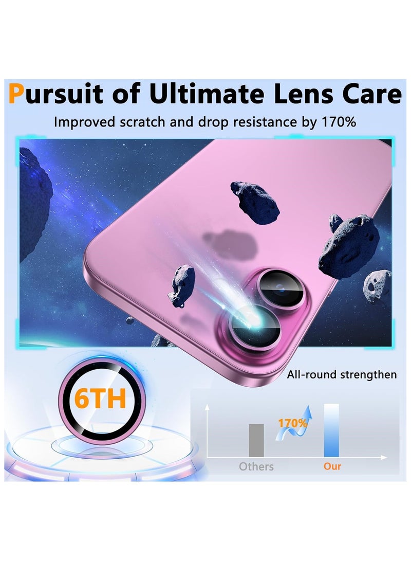 Camera Lens Protector for iPhone 16 6.1-Inch and iPhone 16 Plus 6.7-Inch, 9H Tempered Glass Metal Individual Ring Cover, HD Clear, 2-Pieces Pink - Image 2