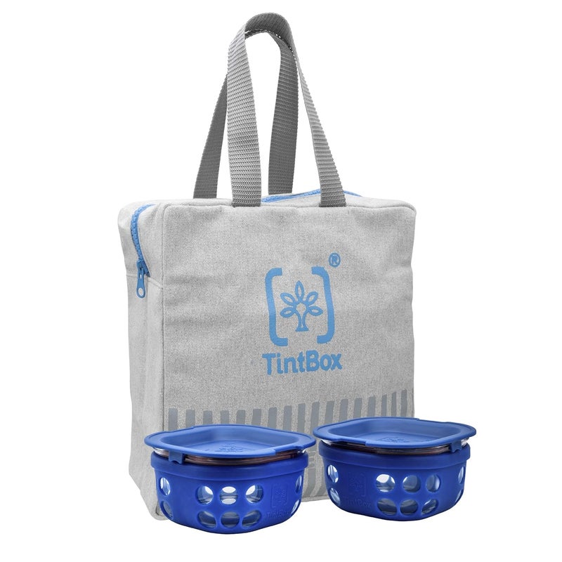 TintBox Premium Glass Lunch Box with Protective Silicone Sleeve Glass Tiffin Box with Canvas Lunch Bag Borosilicate Lunch Boxes for Office Men Women 300ml Set of 2 Oasis Blue - Image 1
