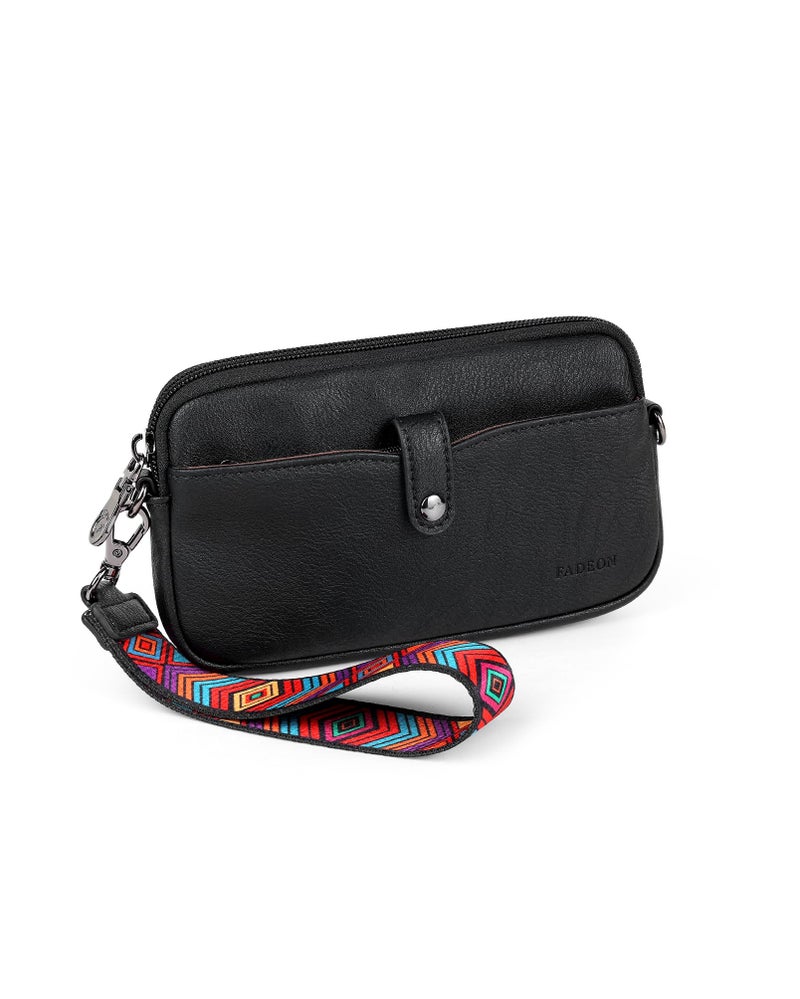 FADEON Slim Wristlet Wallets for Women, Designer Leather RFID Wallet with 3 Zipper Purse for Travel Black - Image 1