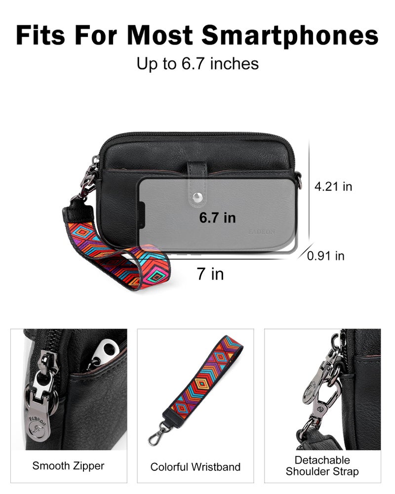 FADEON Slim Wristlet Wallets for Women, Designer Leather RFID Wallet with 3 Zipper Purse for Travel Black - Image 4