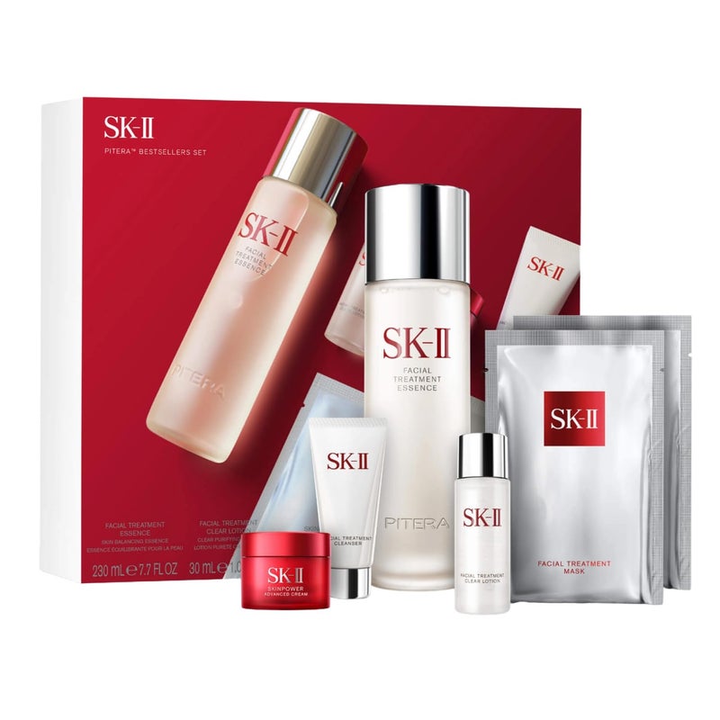 SK-II SKII Best Sellers Skincare Gift Set  Anti Aging Skincare Set Includes Full Size Facial Essence Travel Size Cleanser Toner  Face Cream  2 Sheet Masks 6 Count