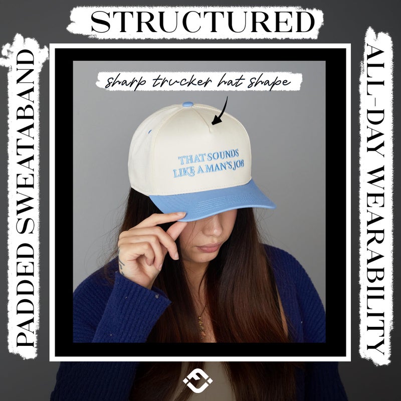 Funky Junque Funny Cute Vintage Trucker Hat for Women Embroidered Adjustable Snapback Baseball Cap - That Sounds Like a Mans Job - Beige/Light Blue - Image 5