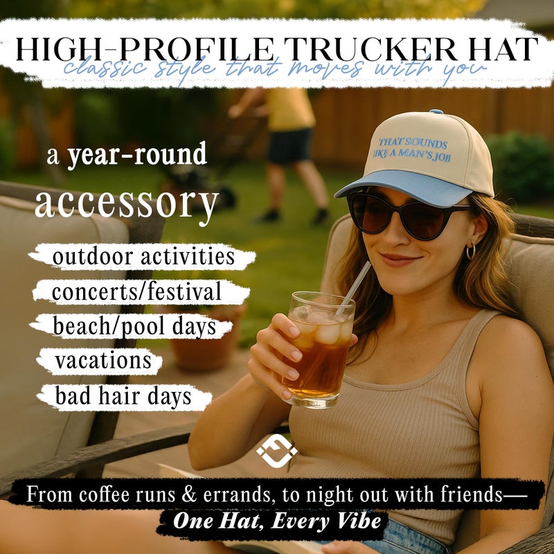 Funky Junque Funny Cute Vintage Trucker Hat for Women Embroidered Adjustable Snapback Baseball Cap - That Sounds Like a Mans Job - Beige/Light Blue - Image 2