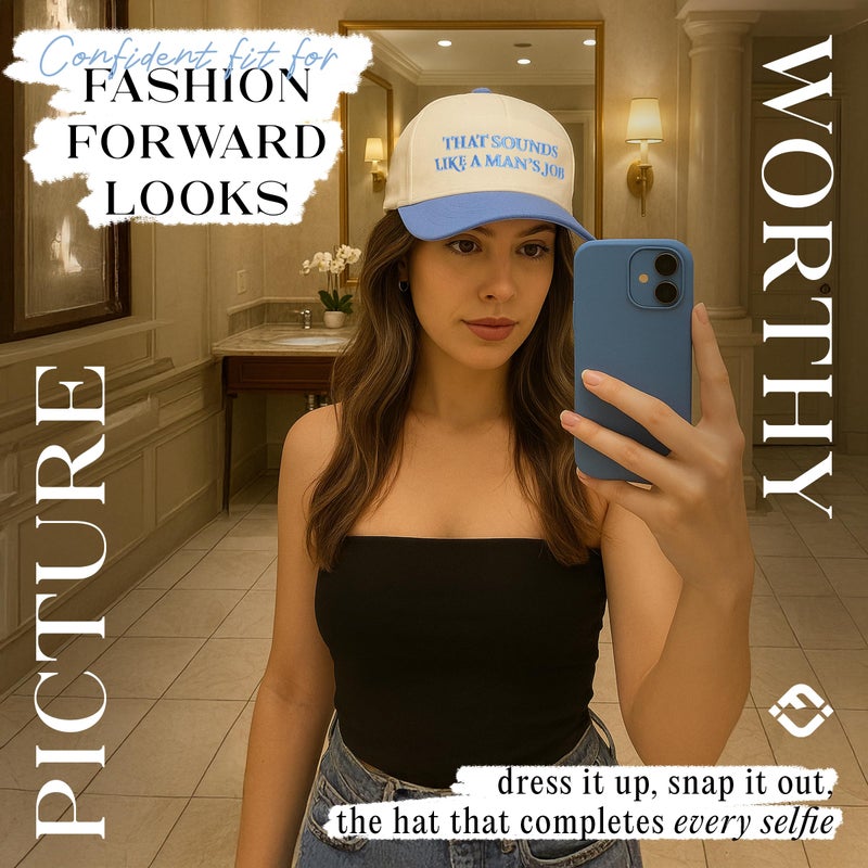 Funky Junque Funny Cute Vintage Trucker Hat for Women Embroidered Adjustable Snapback Baseball Cap - That Sounds Like a Mans Job - Beige/Light Blue - Image 4