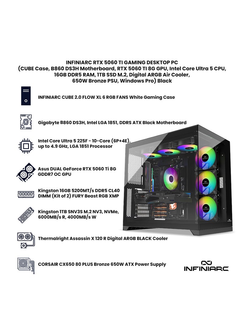انفني ارك جهاز كمبيوتر مكتبي للألعاب من إنفينيارك، مزود ببطاقة رسومات RTX 5060 TI (هيكل CUBE، لوحة أم B860 DS3H، بطاقة رسومات RTX 5060 TI بسعة 16 جيجابايت، معالج Intel Core Ultra 5، ذاكرة وصول عشوائي DDR5 بسعة 16 جيجابايت، قرص SSD M.2 بسعة 1 تيرابايت، مبرد هواء رقمي بإضاءة ARGB، وحدة تزويد طاقة 650 واط برونزية، نظام تشغيل Windows Pro) أسود - Image 3