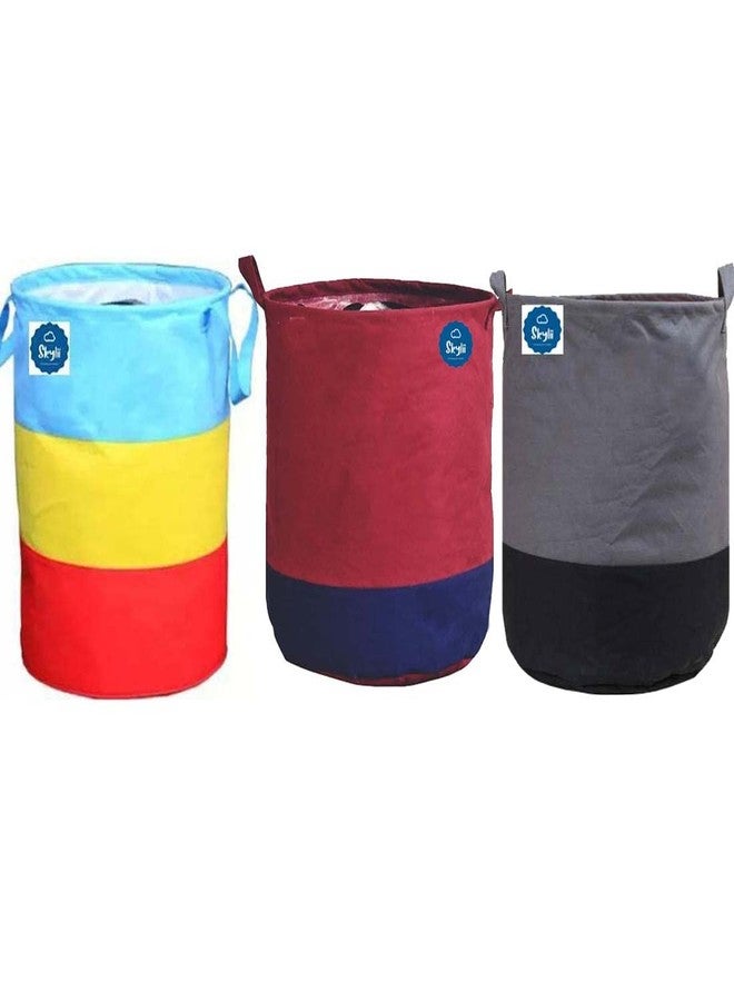 SKYLII Laundry Bag 45 L Durable and Collapsible Laundry storage Bag with Handles Clothes & Toys Storage Foldable Laundry Bag for Dirty Clothes Combo Pack of 3 Pc (Multicolor, Maroon & Grey) - Image 1