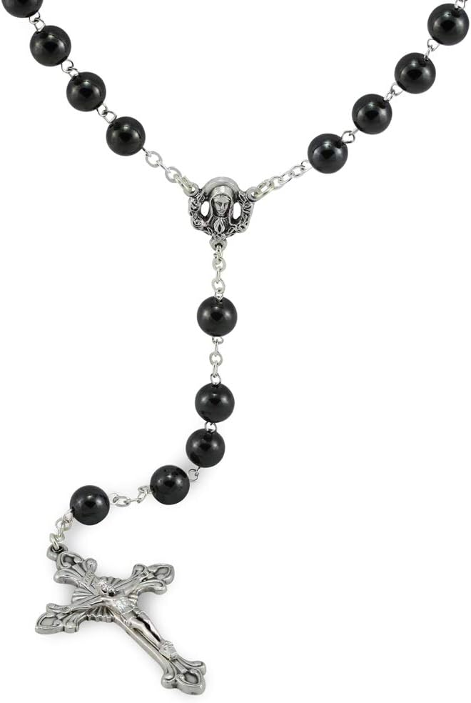 RosaryMart مسبحة هيماتيت كرات حجرية سوداء مع مركز قلب مريم المقدس - Image 1