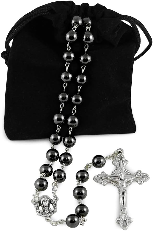 RosaryMart مسبحة هيماتيت كرات حجرية سوداء مع مركز قلب مريم المقدس - Image 2