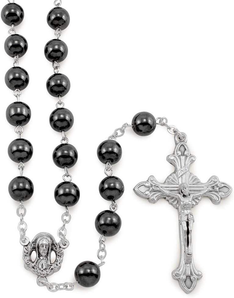 RosaryMart مسبحة هيماتيت كرات حجرية سوداء مع مركز قلب مريم المقدس - Image 3