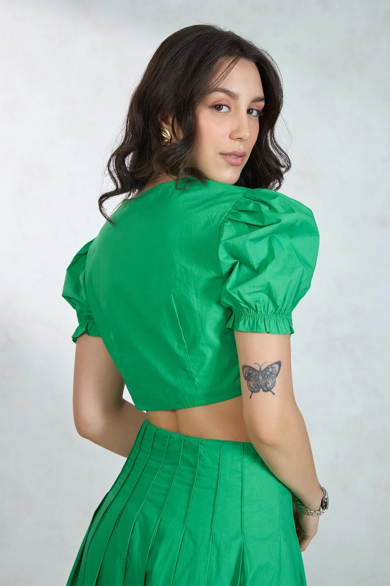 Virgio  Solid Cotton Tieup Crop Top With Puff Sleeves for Women for Women | Best Price UAE