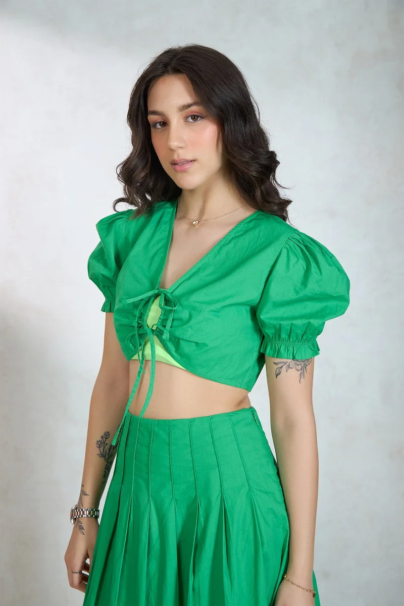 فيرجيو Solid Cotton Tieup Crop Top With Puff Sleeves for Women