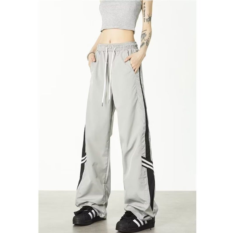 American-style retro three-bar striped overalls womens straight wide-leg drawstring Hip Hop Street straight sports casual pants Gray 