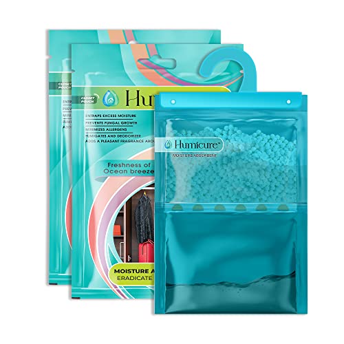 Humicure Moisture Absorber Dehumidifier Hanging Bags with 1 Litre Absorption Capacity for Wardrobe, Bathroom, Kitchen and Bedroom; Prevents Mould & Fungus (Pack of 2, 400gram each, Ocean Breeze) - Image 1