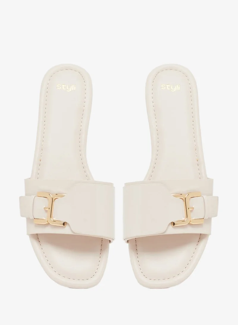 Styli Patent Design Buckle Detail Flat Sandals