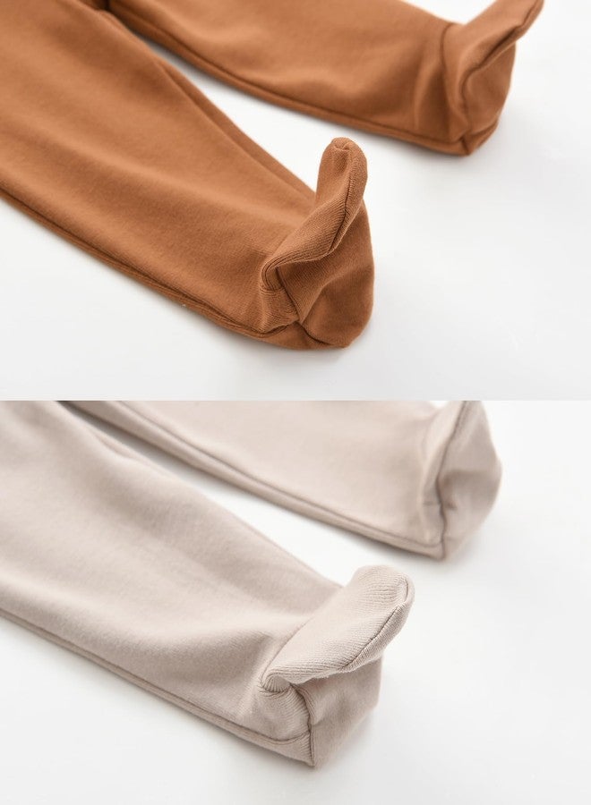 ACESTAR Newborn Baby Boys Girls 3-Pack Cotton High Waist Footed Pants 0-3 Months, Clay & Brown & White - Image 4