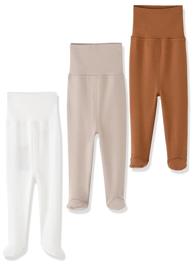 ACESTAR Newborn Baby Boys Girls 3-Pack Cotton High Waist Footed Pants 0-3 Months, Clay & Brown & White - Image 1