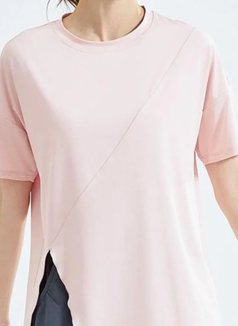يونيكي Pink Solid Side Slit Round Neck Short Sleeve T-Shirt