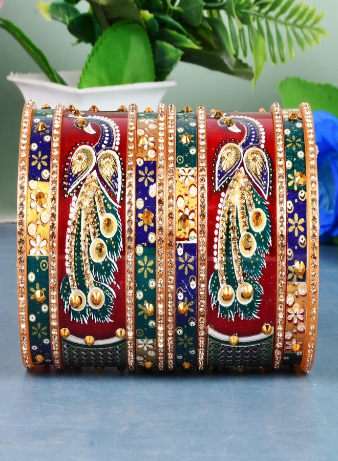 EMERY Peacock Print Chuda Bangles Set - Pack of 14 | Red, Green & Ivory Options | Rajwada Design | Ideal for Wedding, Engagement, and Festivals | Plastic Base Material (Red, 2.6) - Image 5