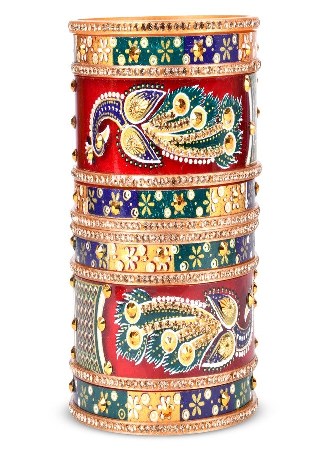 EMERY Peacock Print Chuda Bangles Set - Pack of 14 | Red, Green & Ivory Options | Rajwada Design | Ideal for Wedding, Engagement, and Festivals | Plastic Base Material (Red, 2.6) - Image 1