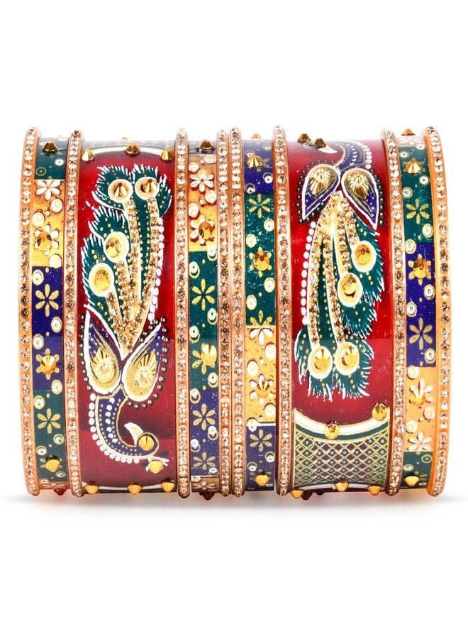 EMERY Peacock Print Chuda Bangles Set - Pack of 14 | Red, Green & Ivory Options | Rajwada Design | Ideal for Wedding, Engagement, and Festivals | Plastic Base Material (Red, 2.6) - Image 2