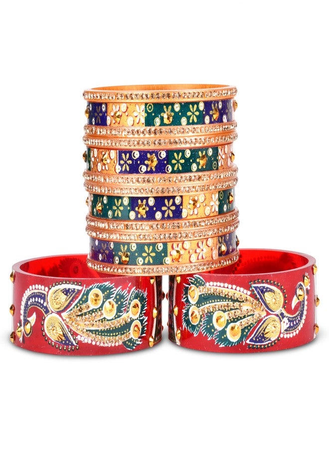 EMERY Peacock Print Chuda Bangles Set - Pack of 14 | Red, Green & Ivory Options | Rajwada Design | Ideal for Wedding, Engagement, and Festivals | Plastic Base Material (Red, 2.6) - Image 4