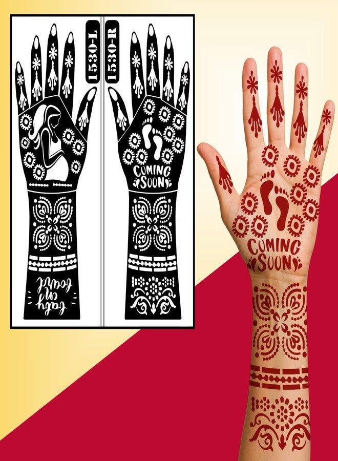 ORDERSHOCK Pregnancy Announcement Mehndi Stencil With Mother And Baby Silhouette, Full Hand Floral Pattern And “Coming Soon” - Image 3