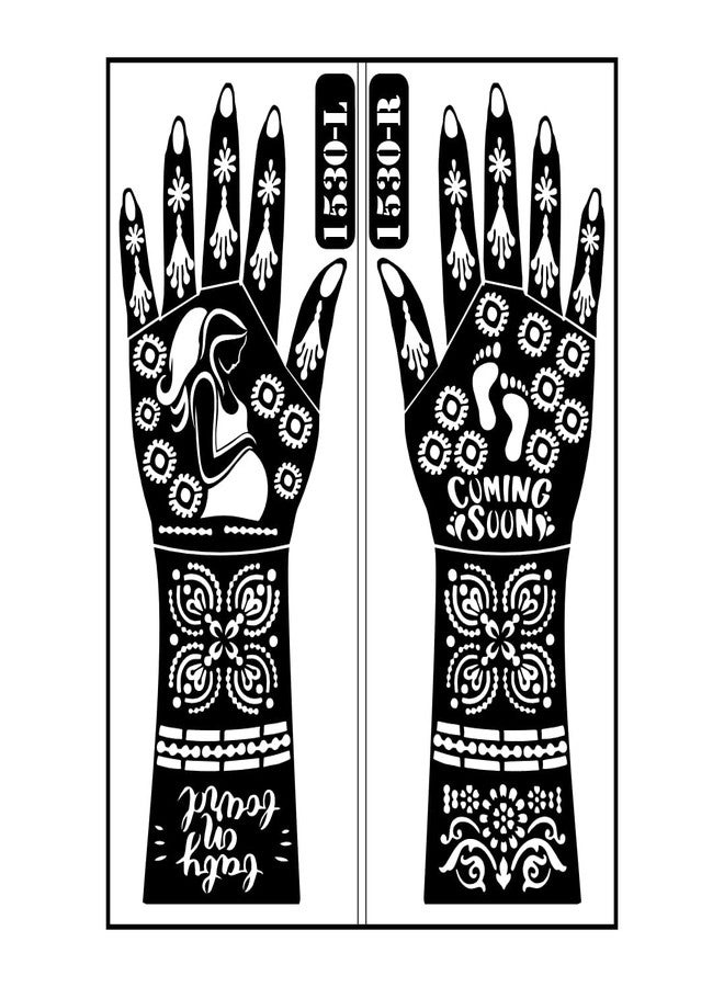 ORDERSHOCK Pregnancy Announcement Mehndi Stencil With Mother And Baby Silhouette, Full Hand Floral Pattern And “Coming Soon” - Image 2