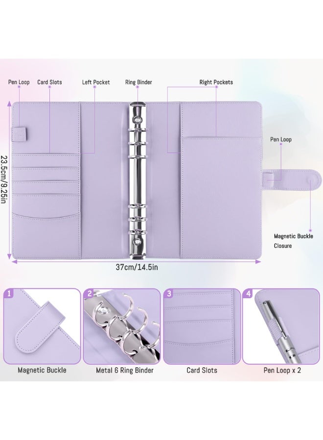 1Pcs Purple A5 Notebook Binder 6 Ring Refillable Budget Planner Cover for Cash Organizer, PU Leather Loose Leaf Kpop Photocard Holder Small Binder for A5 Planner Inserts with Magnetic Buckle - Image 2